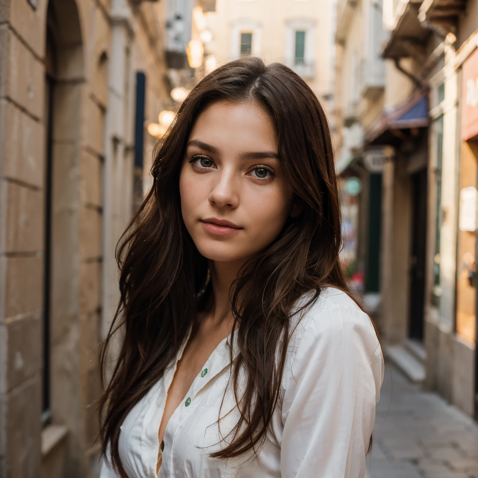 best quality, masterpiece, (realistic: 1.2), 20-year-old Italian woman, fit body, modern style, detailed face, detailed eyes, green eyes, thin lips, long dark wavy brunette hair detailed, happy expression, detailed skin, (look at the viewer, dramatic, vibrant, sharp focus, 50mm, F1.2, EOS-1D X Mark III) Selfie