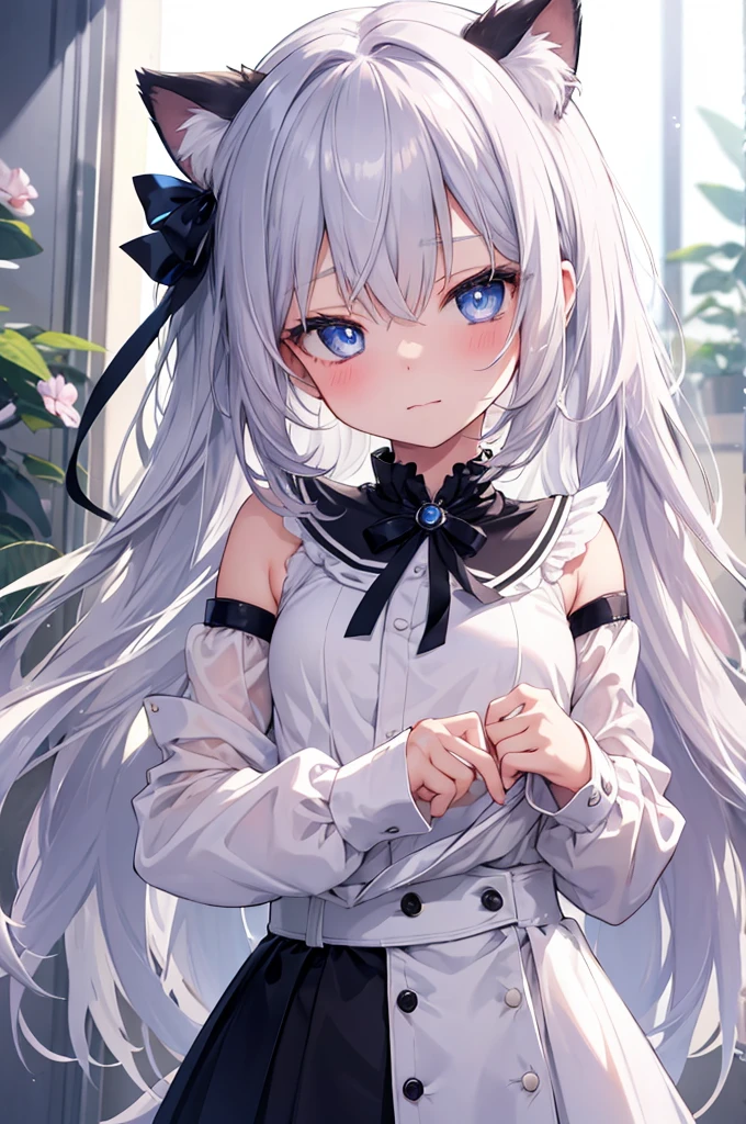 best quality, ultra precision, 1girl,  cute, little girl, young, boyish, childish, small breasts, silver hair, cat ears, blue eyes, beautiful eyes,  girl, ecstasy, sailor collar, estrus, metestrus, start to undress, naughty mood, she loves you, lost virgin, virgin, blush, beautiful skin, big bow on chest
