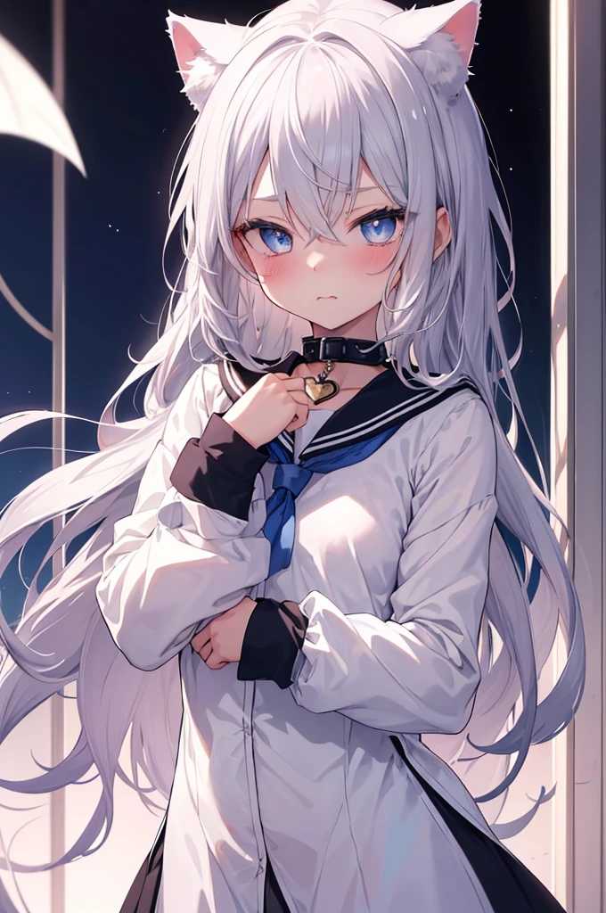 best quality, ultra precision, 1girl, cute, little girl, young, boyish, childish, small breasts, silver hair, cat ears, blue eyes, beautiful eyes, girl, ecstasy, sailor collar, estrus, metestrus, start to undress, naughty mood, she loves you, lost virgin, virgin, blush, beautiful skin, big bow on chest
