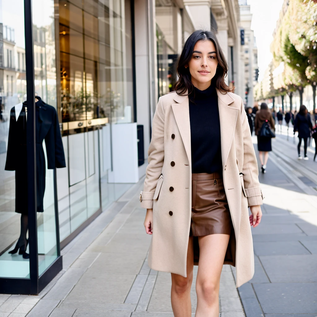 Realistic girl, brune, beautiful woman, manteau, elegant, peau soyeuse, debout, Champs Elysees, boutiques