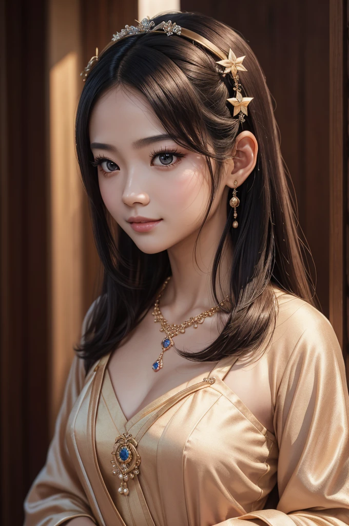 Superb Quality, Masterpiece, High Resolution, 1Girl, Blush, (Seductive Smile: 0.8), Star Pupil, Chinese Hanfu, Hair Accessories, Necklace, Jewelry, Beauty, on_body, Tyndall Effect, Realistic, Shadow Room, Light Edge, Two-tone Lighting, (High Detail Skin: 1.2), 8K UHD, SLR, Soft Light, High Quality, Volume Lighting, Candid Photo, High Resolution, 4K, 8K, Background Blur, Real Person