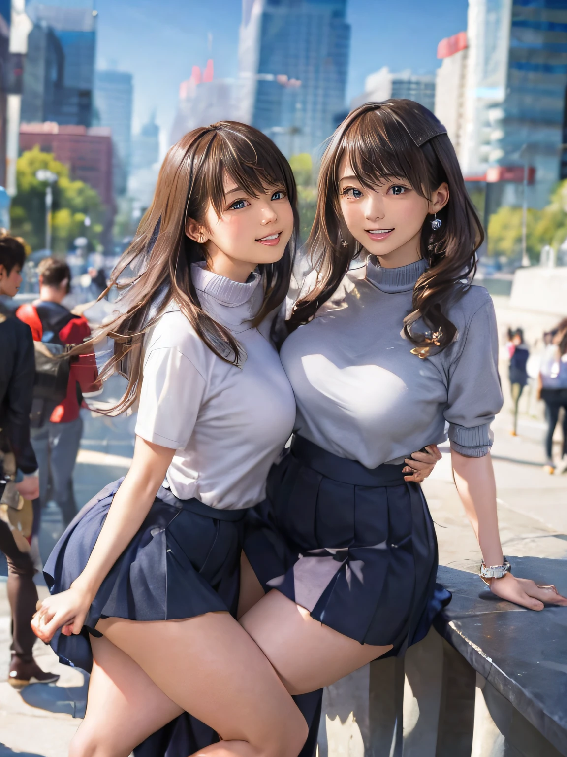 (2 young girls:1.3), Super beautiful detailed face, Staring at me, Open mouth slightly, shyly smile, Multiple girls, Raw photo, (Best Quality:1.2), masutepiece, 8K, high details, hight resolution, With the highest quality, High-definition raw color photos, professional photograpy, Cinematic Light, (Fine face:1.2), (Beautiful breasts:1.2), (Summer high school uniform with wide open chest:1.3), Beautiful breasts, girl portrait, outside of house, Cinderella's Castle, (View from below),
