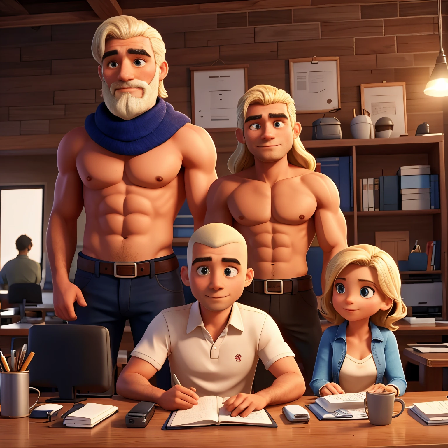 Time de TI formado por quatro homens, sendo eles um careca, um barbudo, a skinny guy and one in a cap and a blonde woman, company office background