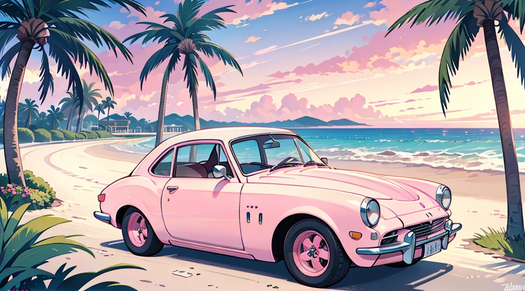 (pink sky, seaside, palm tree), (white classic car)