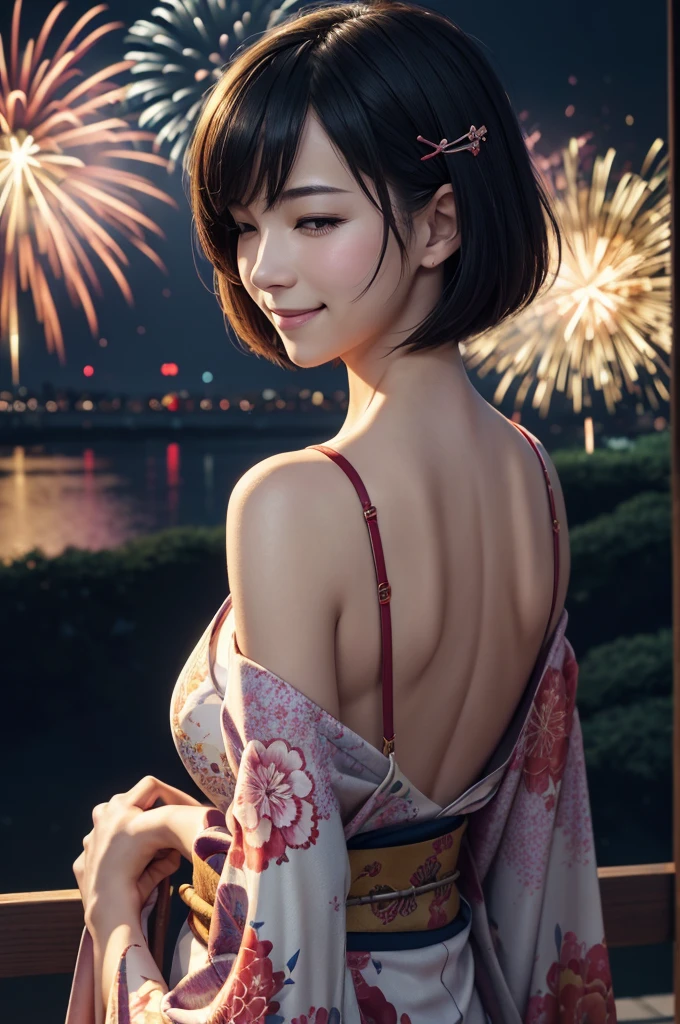 Absurd resolution, high resolution, (masterpiece: 1.4), super detailed, (1 woman: 1.3), (solo: 1.4), fireworks, short bob, short bob, kimono, looking back, closing eyes, smiling, light, Makoto Shinkai style, face super close-up, ultra-fine illustration, vivid colors, cinematic light, exciting light production, attention to detail, vivid colors, hairpins, kimono, big side breasts, looking back, happy, smile, from below,