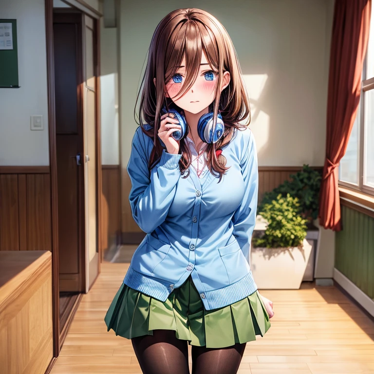 Brown-haired schoolgirl、Green skirt、light blue cardigan、Semi-long hair、blue headphones on neck、Black pantyhose、Brown loafers、red blush、school classrooms