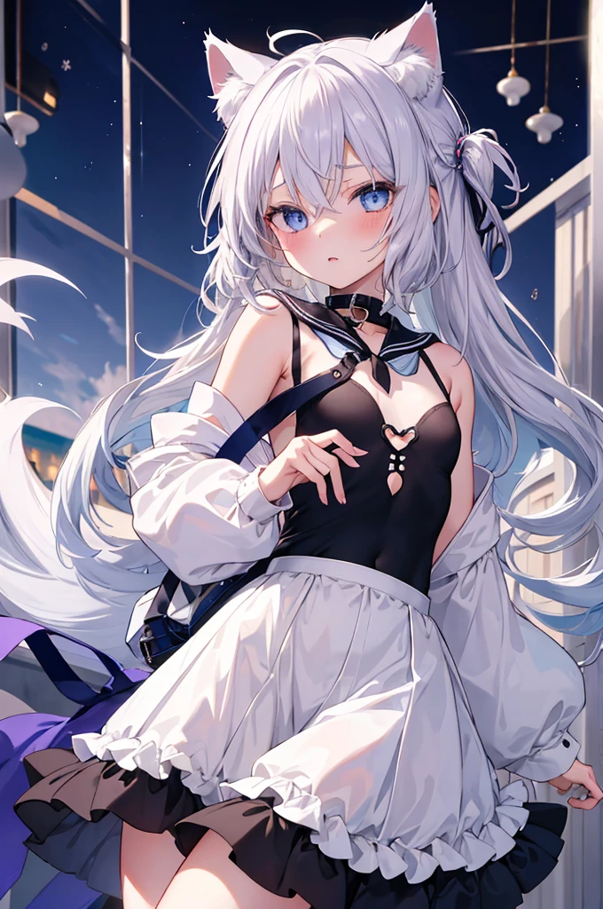 best quality, ultra precision, 1girl, cute, , young, boyish, childish, sbreasts, silver hair, cat ears, blue eyes, beautiful eyes, girl, ecstasy, sailor collar, estrus, metestrus, start to undress, naughty mood, she loves you, lost virgin, virgin, blush, beautiful skin, big bow on chest