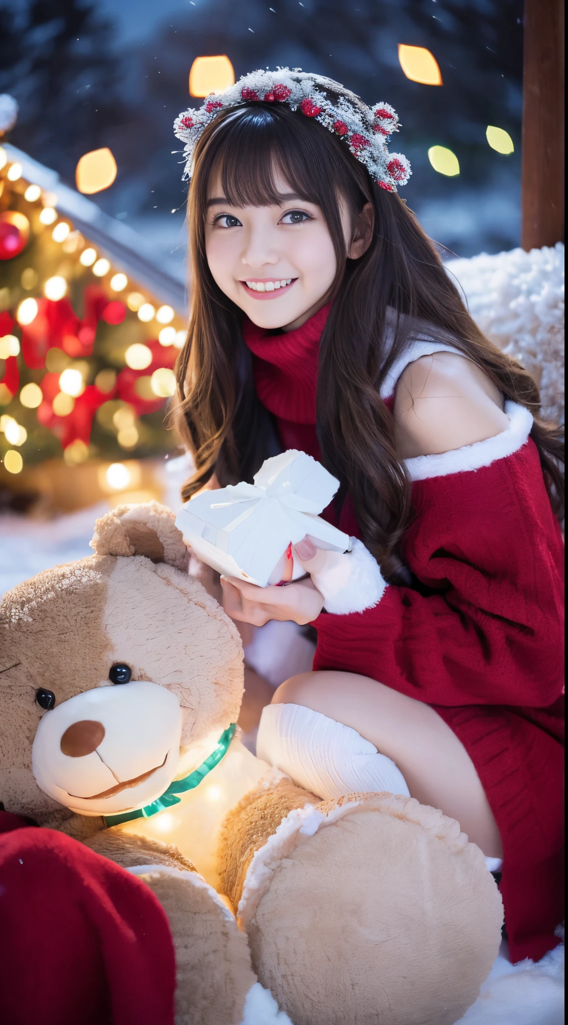 (Best Quality,4K,hight resolution,masutepiece:1.2),Realistic,Christmas,girl (21 years old),Hugging a big teddy bear,stuffed animal,Wear warm clothes,Snow falling in the background,Winter wonderland,Joyful expression,Magical atmosphere,Soft lighting,Vivid colors,Happiness,laught,Welcoming environment,Warmth,Smiling eyes,Curly hair,Shimmering decoration,Twinkling lights,toy train set,wrapped present,Rooftop with Santa Claus and reindeer flying in the distance,magic snowflake,christmas tree with ornaments,log cabin,curl up near the fireplace,hot chocolate with marshmallows,Peace and quiet,Excitement and anticipation,Snowy landscape,childhood innocence,Enchanted moments,Playful laughter,Upholstered stockings,Holiday spirit,love and togetherness.thighs thighs thighs thighs、off shoulders
