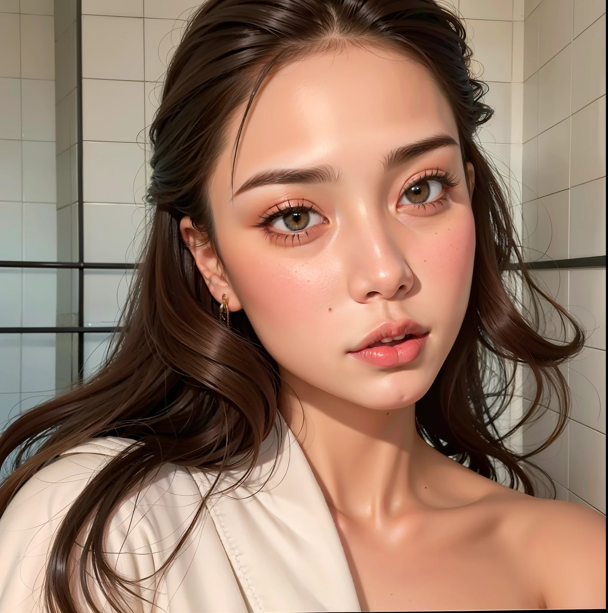 un primer plano de una mujer con cabello largo y una toalla, Retrato Sophie Mudd, Cerveza Madison, Cerveza Soft Devil Queen Madison, Retrato de la chica cervecera de Madison, :: Cerveza Madison, resplandeciente, Cara sexy con maquillaje completo, Cara impecable, Cara perfectamente iluminada, Violeta Myers, Piel de oliva impecable, hermosa poarch, Cara sexy, cejas rectas gruesas y tupidas