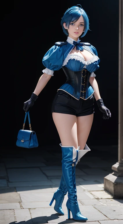full body of a beautiful pale skin readhead anime girl in blue and white tight victorian dress, (blue hue), highly elaborated and a jewelry collar. Masterpiece painted By Konstantin Razumov and Masamune Shirow