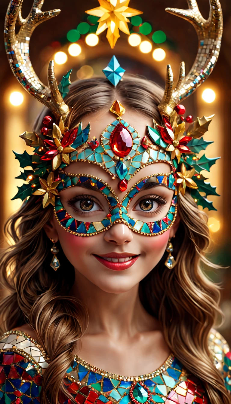 (Mosaic Christmas Mask),one-girl,sparkling detailed eyes,beautifully detailed lips,extremely detailed eyes,Cute antlers headdress ,festive smile, golden mosaic patterns on the mask, delicate craftsmanship, intricate designs, vibrant color palette, high contrast, sharp focus, glossy finish, impressive artistry, holiday atmosphere, intricate mosaic tiles, ornate decorations, magical lighting. (best quality,4k,8k,highres,masterpiece:1.2),ultra-detailed,(realistic,photorealistic,photo-realistic:1.37),portrait,mosaic art,christmas celebration,festive colors,sparkling charm,holiday spirit,glimmering lights,colorful ornaments.