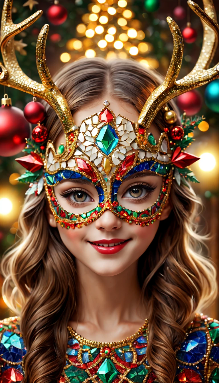 (Mosaic Christmas Mask),one-girl,sparkling detailed eyes,beautifully detailed lips,extremely detailed eyes,Cute antlers headdress ,festive smile, golden mosaic patterns on the mask, delicate craftsmanship, intricate designs, vibrant color palette, high contrast, sharp focus, glossy finish, impressive artistry, holiday atmosphere, intricate mosaic tiles, ornate decorations, magical lighting. (best quality,4k,8k,highres,masterpiece:1.2),ultra-detailed,(realistic,photorealistic,photo-realistic:1.37),portrait,mosaic art,christmas celebration,festive colors,sparkling charm,holiday spirit,glimmering lights,colorful ornaments.