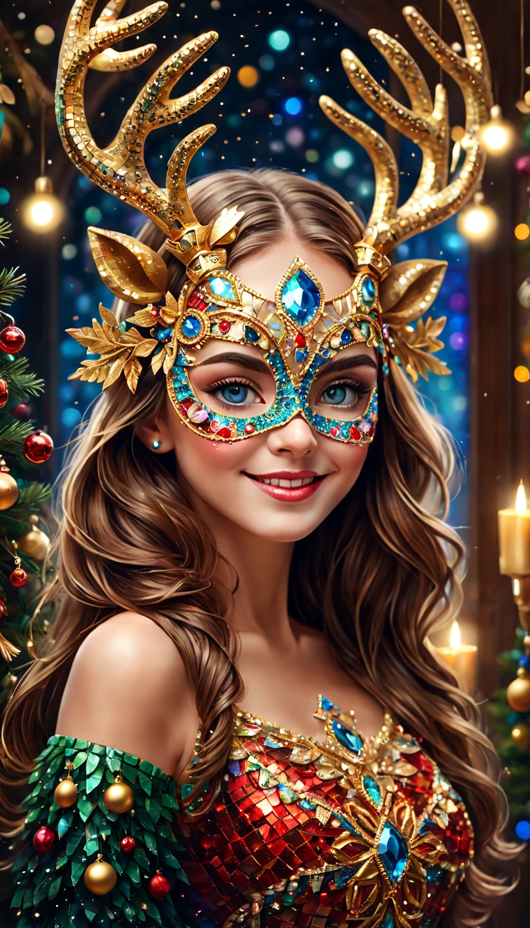 (Mosaic Christmas Mask),one-girl,sparkling detailed eyes,beautifully detailed lips,extremely detailed eyes,Cute antlers headdress ,festive smile, golden mosaic patterns on the mask, delicate craftsmanship, intricate designs, vibrant color palette, high contrast, sharp focus, glossy finish, impressive artistry, holiday atmosphere, intricate mosaic tiles, ornate decorations, magical lighting. (best quality,4k,8k,highres,masterpiece:1.2),ultra-detailed,(realistic,photorealistic,photo-realistic:1.37),portrait,mosaic art,christmas celebration,festive colors,sparkling charm,holiday spirit,glimmering lights,colorful ornaments.