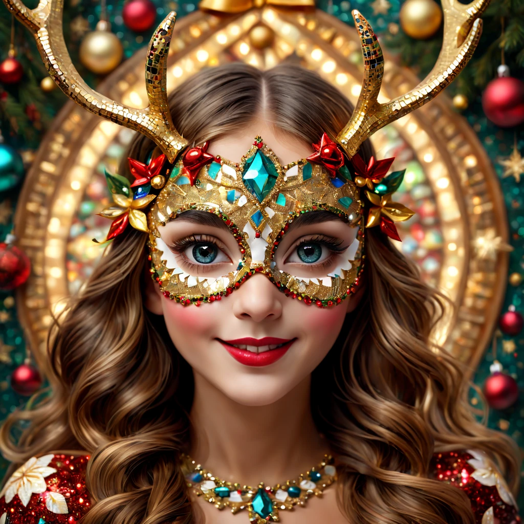 (Mosaic Christmas Mask),one-girl,sparkling detailed eyes,beautifully detailed lips,extremely detailed eyes,Cute antlers headdress ,festive smile, golden mosaic patterns on the mask, delicate craftsmanship, intricate designs, vibrant color palette, high contrast, sharp focus, glossy finish, impressive artistry, holiday atmosphere, intricate mosaic tiles, ornate decorations, magical lighting. (best quality,4k,8k,highres,masterpiece:1.2),ultra-detailed,(realistic,photorealistic,photo-realistic:1.37),portrait,mosaic art,christmas celebration,festive colors,sparkling charm,holiday spirit,glimmering lights,colorful ornaments.