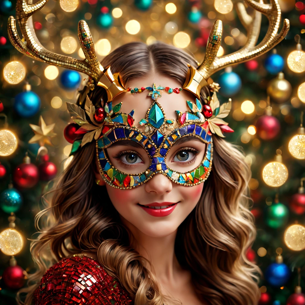 (Mosaic Christmas Mask),one-girl,sparkling detailed eyes,beautifully detailed lips,extremely detailed eyes,Cute antlers headdress ,festive smile, golden mosaic patterns on the mask, delicate craftsmanship, intricate designs, vibrant color palette, high contrast, sharp focus, glossy finish, impressive artistry, holiday atmosphere, intricate mosaic tiles, ornate decorations, magical lighting. (best quality,4k,8k,highres,masterpiece:1.2),ultra-detailed,(realistic,photorealistic,photo-realistic:1.37),portrait,mosaic art,christmas celebration,festive colors,sparkling charm,holiday spirit,glimmering lights,colorful ornaments.