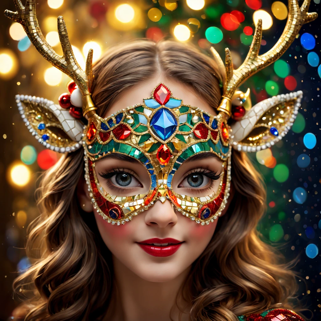 (Mosaic Christmas Mask),one-girl,sparkling detailed eyes,beautifully detailed lips,extremely detailed eyes,Cute antlers headdress ,festive smile, golden mosaic patterns on the mask, delicate craftsmanship, intricate designs, vibrant color palette, high contrast, sharp focus, glossy finish, impressive artistry, holiday atmosphere, intricate mosaic tiles, ornate decorations, magical lighting. (best quality,4k,8k,highres,masterpiece:1.2),ultra-detailed,(realistic,photorealistic,photo-realistic:1.37),portrait,mosaic art,christmas celebration,festive colors,sparkling charm,holiday spirit,glimmering lights,colorful ornaments.