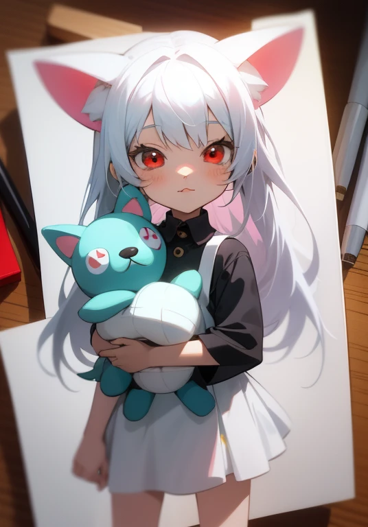 anime girl with white hair and red eyes holding a wolf plush, in anime style, in an anime style, hikari, mihoyo art style, cute anime style, my dress up darling anime, chibi, kawaii shirt and diapers, cute anime girl, mikudayo, anime styled 3d, anime styled, kawaii realistic portrait, ecchi anime style, pixiv style