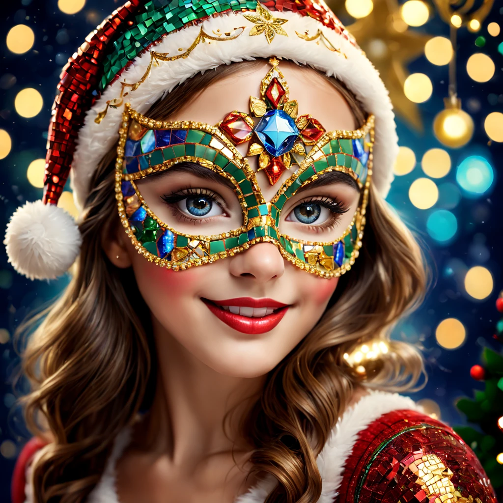 (Mosaic Christmas Mask),one-girl,sparkling detailed eyes,beautifully detailed lips,extremely detailed eyes, christmas hat,festive smile, golden mosaic patterns on the mask, delicate craftsmanship, intricate designs, vibrant color palette, high contrast, sharp focus, glossy finish, impressive artistry, holiday atmosphere, intricate mosaic tiles, ornate decorations, magical lighting. (best quality,4k,8k,highres,masterpiece:1.2),ultra-detailed,(realistic,photorealistic,photo-realistic:1.37),portrait,mosaic art,christmas celebration,festive colors,sparkling charm,holiday spirit,glimmering lights,colorful ornaments.