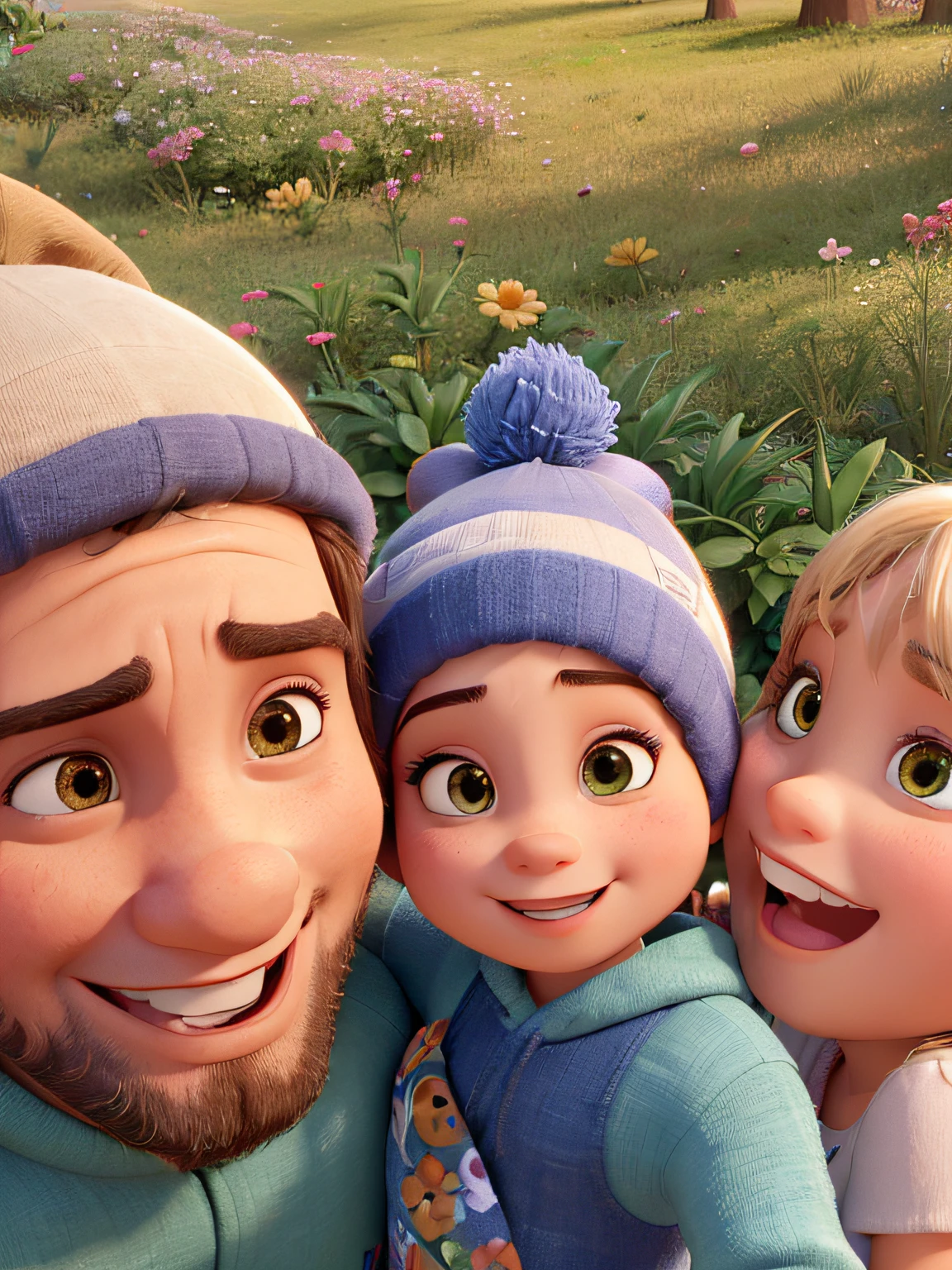 Homem usando gorro, , e mulher sorrindo em frente a flores, pixar style, high definition, corrigir boca do homem