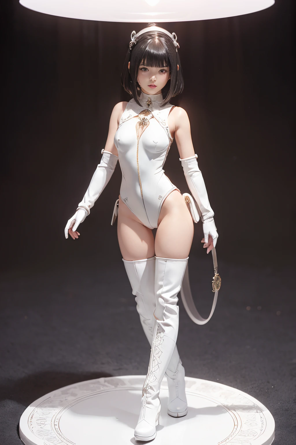(blind box toy style:1.3), ((Full body shot:1.4)) (((anatomy correct))),((1girl in, Solo)),(masutepiece:1.3), (Sexy costume), ((masutepiece)) , (((White bodysuit、long Leather boots))),((Circular base:1.5))、anime figure, Seductive. Highly detailed, ( highly detailed figure ), pvc figurine、、 Steampunk Body 、 Metal 、 Intricate decoration details 、 cool color 、 Gothloli details 、 highly intricate detail
