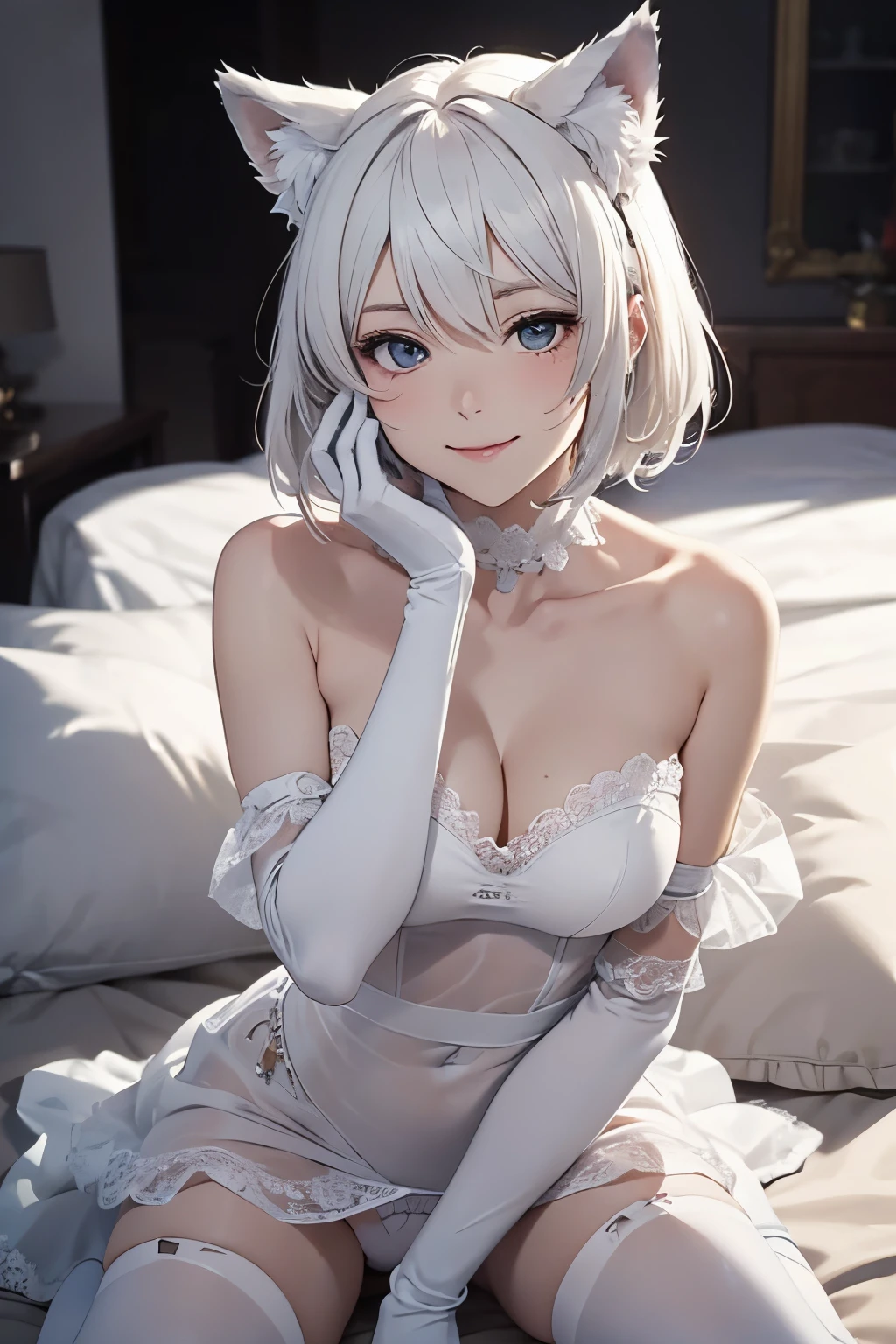 masutepiece high-level image quality Top image quality 8K Adults(Maids) Lady(Soio) Portrait White Long Gloves((blanche)(Long gloves)) white panty hose((blanche)) maid clothes((Tube Top)blanche)) Wolf ears shorth hair((short-cut)(White hair)(perm)(fluffly)) Eye color is blue Face seducing((a smile)(Smile)) Background with(cafes) Put your hand on your face