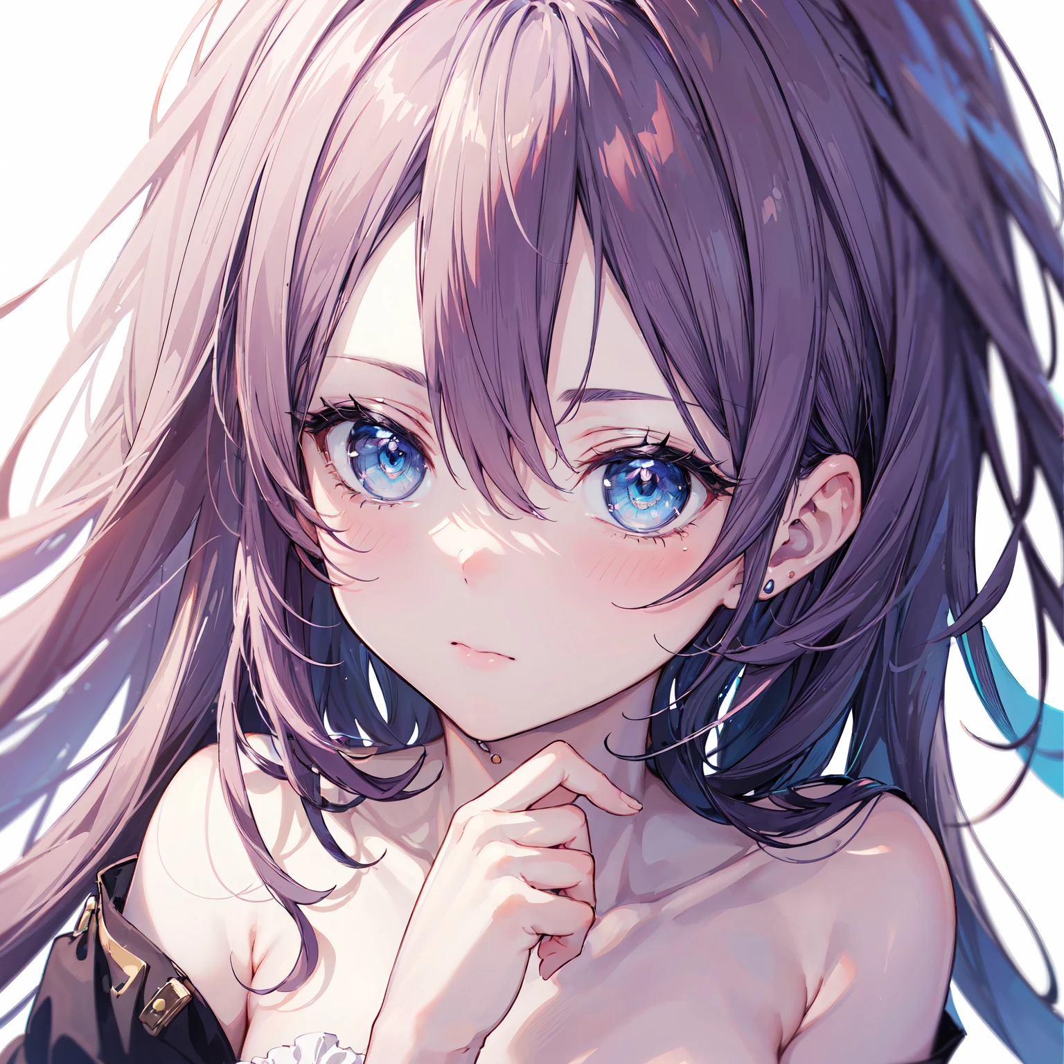 (masterpiece, absurdres, a high resolution, hyper-detailing, hdr, highres, best quality, high quality, 8k, beautiful lighting, ultra_detailed, highres, highest quality, beautiful, cute, digital art:1.2), (amazing details, detailed hair, detailed eyes:1.25), (perfect eyes, even eyes:1.4), (an anime drawing of a girl, anime girl, anime styled, anime:1.1), looking at viewer, 1girl, girl, (solo:1.3), long wavy hair, bangs, hair between the eyes, purple hair color, blue eyes, head, (thinking hard:1.6), (hand on chin:1.55), [-yeld an], [in style of cytus and deemo], (half body adaptable:1.99), (close-up:1.99), (medium breasts:1.1), thin body, [mouth], (white background:1.8)