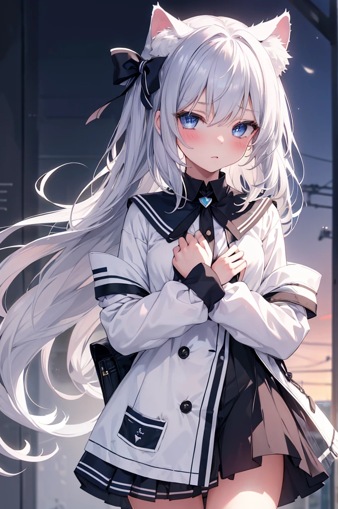 best quality, ultra precision, 1girl, cute, little girl, young, boyish, childish, small breasts, silver hair, cat ears, blue eyes, beautiful eyes, girl, ecstasy, sailor collar, estrus, metestrus, start to undress, naughty mood, she loves you, lost virgin, virgin, blush, beautiful skin, big bow on chest I'm not wearing panties