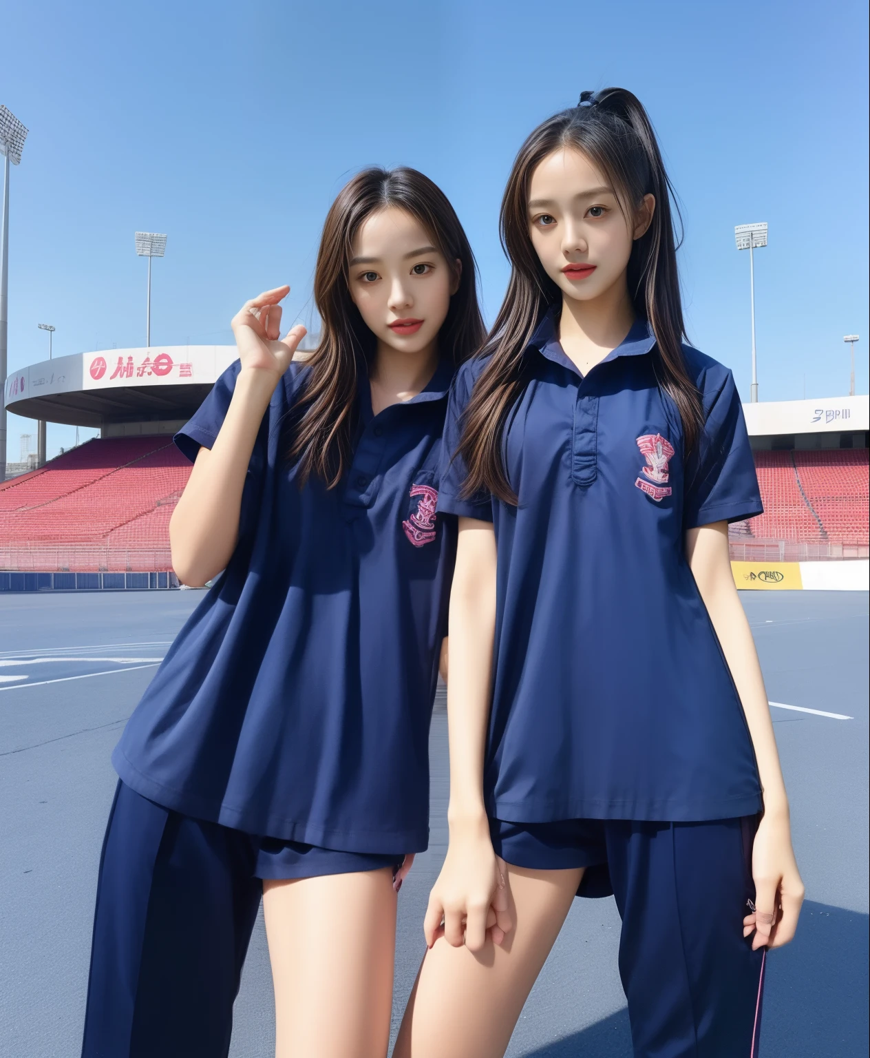 (bestquality,10,10,highres,masterpiece:1.2),ultra-detail,(Realistic,photorealistic portrait,photo-realistic:1.37),1 Cute girl in the football field,oily shiny skin,bara,light smile,BDclothelue shirt:1.3)),short sleeves,shirt, trousers.,(navy_long_Pants Track:1.1), ((Stadium Background:1.3)),dynamic angle,excited,face focus,Dynamic Poses,from behide,Ass Focus,masterpiece, bestquality, ultra realistic, hyper-detail, 8k resolution, RAW photo, crisp focus, ((Navy blue shirt:1.1)), short sleeves, Long Path, Perfect body, 2 mature women, 18yo, cinematic light,Blue sweatpants,Gymware,Correct anatomy,Complete body, Correct body, sharp face, Anatomically correct body, full entire body, Realistic gestures, long-haired, Realistic poses,Wear long shorts...................................,Long leg span,Shapely,Sculpting Girl, Slender Figure, mannequin mannequins, Shapely, Beautiful body,Blue sweatpants, Two girls kissing