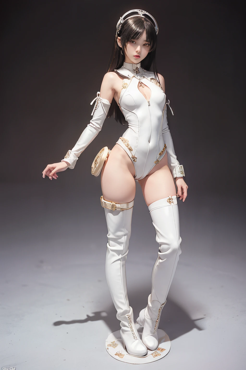 (blind box toy style:1.3), ((Full body shot:1.4)) (((anatomy correct))),((1girl in, Solo)),(masutepiece:1.3), (Sexy costume), ((masutepiece)) , (((White bodysuit、long Leather boots))),((Circular base:1.5))、anime figure,  Seductive. Highly detailed,  ( highly detailed figure ), pvc figurine、、 Steampunk Body 、 Metal 、 Intricate decoration details 、 cool color 、 Gothloli details 、 highly intricate detail