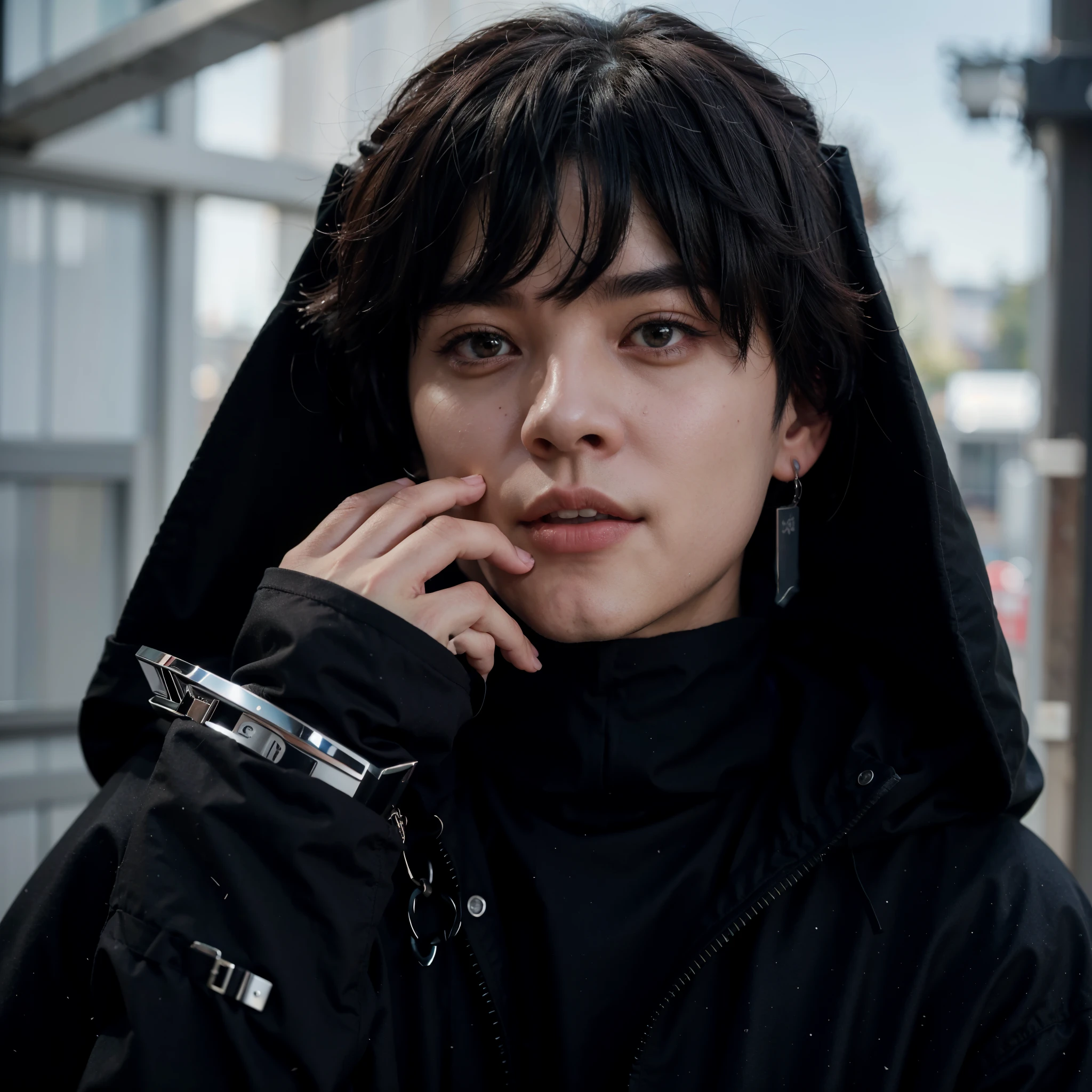 arafed image of a man in a black coat with a hood on, male ulzzang, cai xukun, inspired by jeonseok lee, jungkook, kim doyoung, jung jaehyun, taejune kim, jinyoung shin, park jimin, inspired by Bian Shoumin, black haired yoongi, hyung tae, with short hair, inspired by Kim Deuk-sin