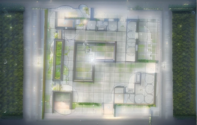 plan view, rendering of a public plaza, ponds, water features,