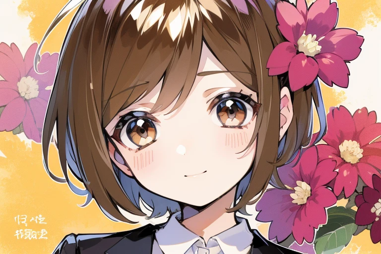 official arts, A masterpiece of a European woman's face, Short hair, Light-brown hair, Brown eyes , Flower Garden , (tmasterpiece、topquality、hight resolution: 1.4),in 8K, Drawing of a woman with short light brown hair, anime art nouveau, highly detailed exquisite fanart, anime fantasy illustration, clean detailed anime art, detailed anime art, sharp-focus, Delicate beautiful hair, Eyes & Face, realisitic, ultra-detailliert, Beautiful Girl, Sunlight