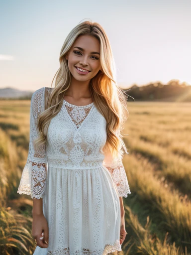 smiling blonde girl、standing in a grass field、wearing a white long-sleeved dress