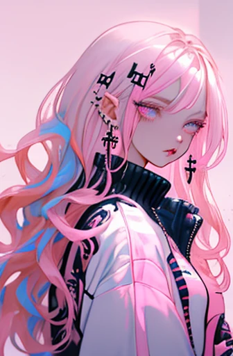 Niji Style, 1girl, solo, long hair, looking at viewer, blue eyeackground, white background, jewelry, closed mouth, jacket, upper body, pink hair, earrings, pink eyes, necklace, from side, sweater, lips, eyelashes, makeup, wavy hair, piercing, cross, lipstick, ear piercing, eyeshadow, hoop earrings, pink lips, multicolored eyes, pink theme, , pink eyeshadow,