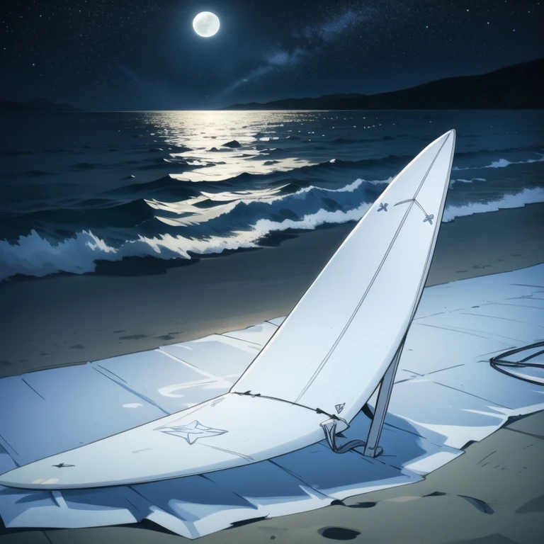 ((sketch)) (Next to a surfboard) ((Only one surfboard)) Under the starry canopy of a moonlit beach. The full moon casts a soft, glow, highlighting in the darkness.