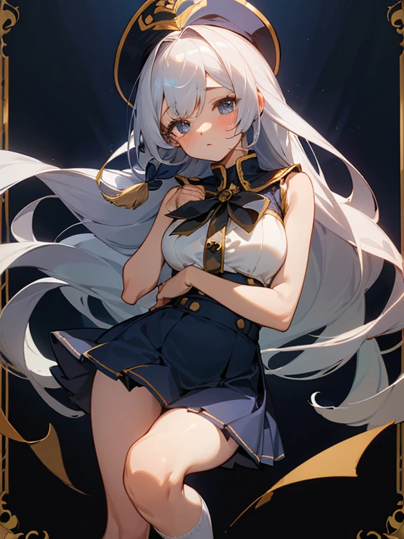 Portrait of a girl with long silver hair、Sleeveless, High collar white button front shirt、Navy cameo with gold trim、Large ribbon、Dark blue cameo with golden border and white female silhouette.、Navy blue high waist flared miniskirt with bustier、white voluminous underskirt、The skin of white socks above the knee、Bursting smile、Redness of the cheeks