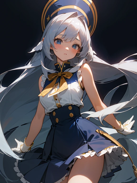 Portrait of a girl with long silver hair、Sleeveless, High collar white button front shirt、Navy cameo with gold trim、Large ribbon、Dark blue cameo with golden border and white female silhouette.、Navy blue high waist flared miniskirt with bustier、white voluminous underskirt、The skin of white socks above the knee、Bursting smile、Redness of the cheeks