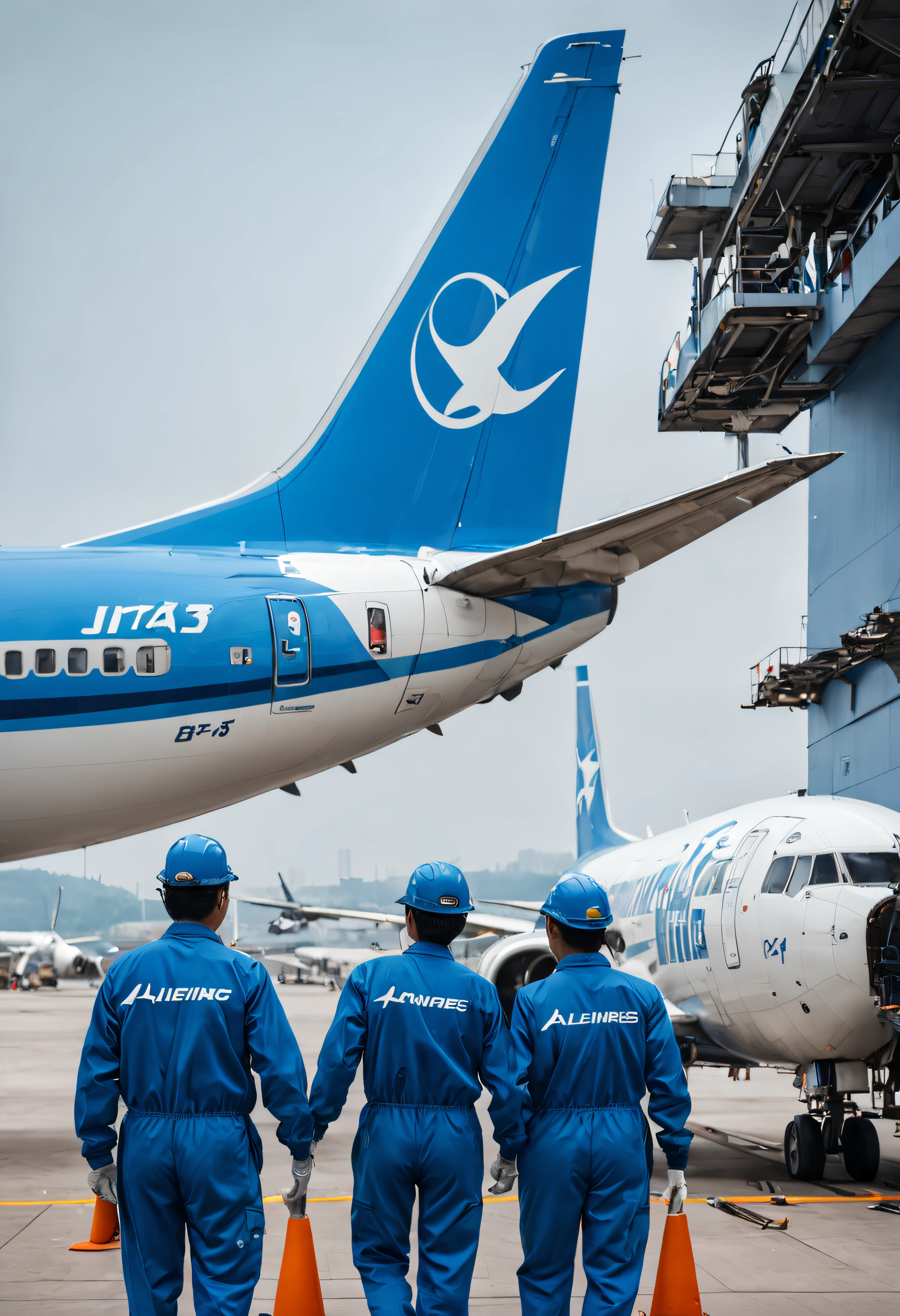 Boeing 737 aircraft maintenance site, Xiamen Airlines logo on the tail of the plane, A group of maintenance workers wearing blue jumpsuits，hyper realisitc, artistic décor, 电影灯光, Outer border, fading border, hyper HD
