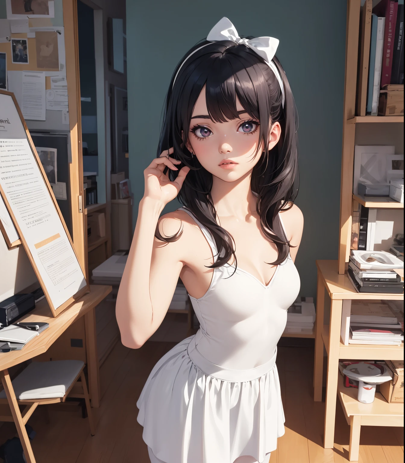 (masterpiece, best quality), beautiful woman, 23 years, soft light, ((white ballerina skirt)), bare shoulders, cleveage, long hair, long twintails, hairbows, black hair, alluring, big georgeous eyes, soft smile, perfect slim fit body, blue ballerina shoes, realistic background, elegant apartment, minimalistic apartment, realistic background, bright colors, full body shot, fullbody, medium breasts, solo, cleveage, sexy