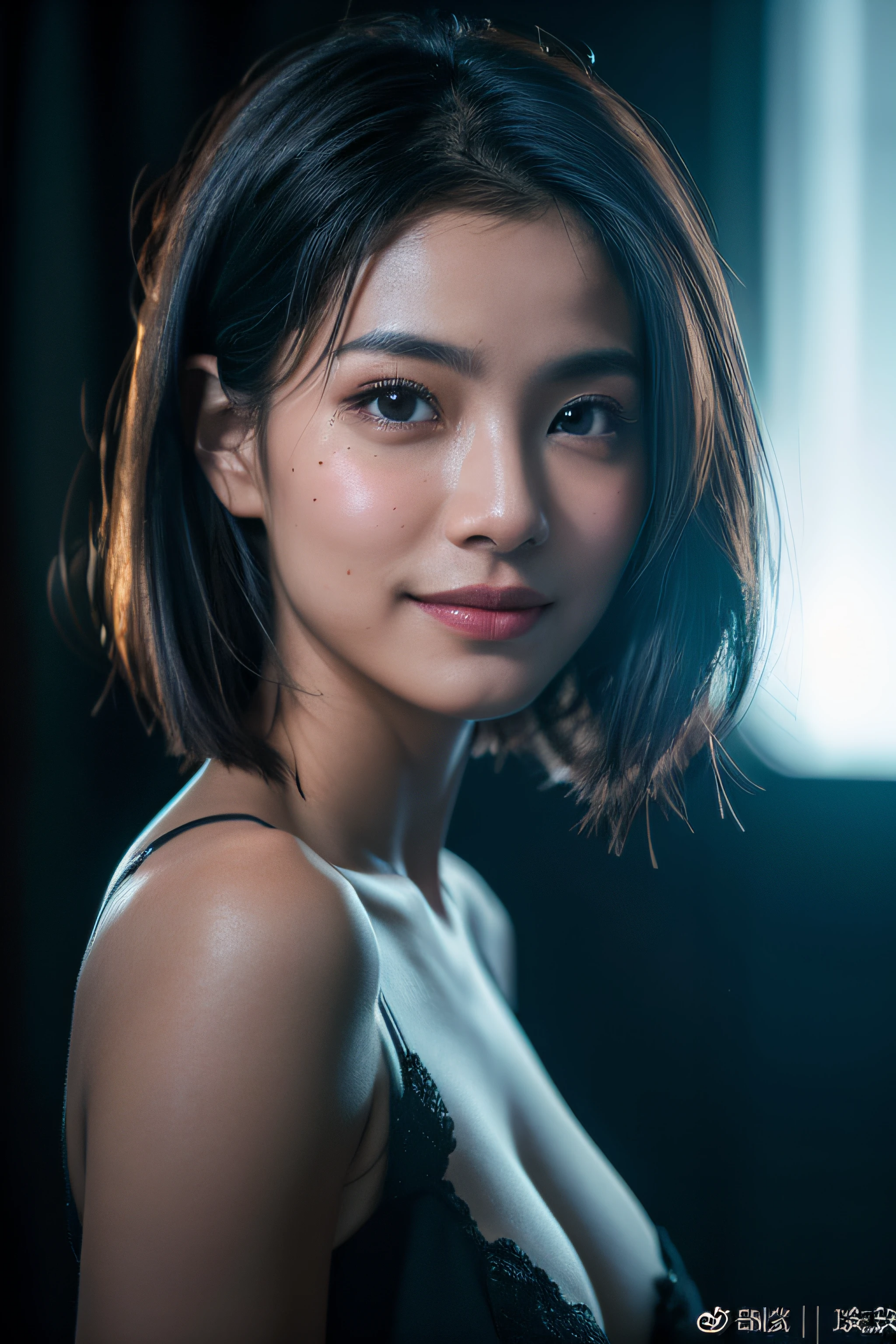 Best quality at best, Epic reality, ((In pitch black darkness :1.4)), ((sportrait:1.5)),(Background with: Dark ) hight contrast ,glorious picture, Minimum illumination, lighting face, She was comfortable,Nothing wore, It looks incredible, (8K, RAW photogr, Best quality at best),(Epic reality:1.5), A woman who , the face,(詳細な目:0.8),(looking at the camera in:1.4), (Best quality at best), ( hight contrast, deep shading),Complicated details,Cinematic,((The skin:1.4)), (dark blue short hair:1.3), Messy ,(HighDynamicRange:1.5),Detailed pubic hair, colours, upscales, ( starrysky: 1.4), tmasterpiece, RAW photogr (23years old, looking at viewert), The beautiful, (Nothing wore,), perfect pubic, natural, perfect compositions, sportrait, s the perfect face, grin, charming dark brown eyes, bright detail, Tight lips, (High skin detail),, (Blue tones: 0.6), (sale: 0.8), (blood vess: 0.7), emphasis lighting , (The light from the back window  backlighted: 0.5), medium depth of field, Canon 5D, 50mmlens, F/4 apertures, (ultra - detailed, Complicated detailocus sharp, pastelcolor, 8K, hoang lap, 80mm, deep dark background, photography of, Smiling, Pinay, Filipino, medium boob, There  a small tear mole on the face,authentic skin texture ,Tear moles on the face.