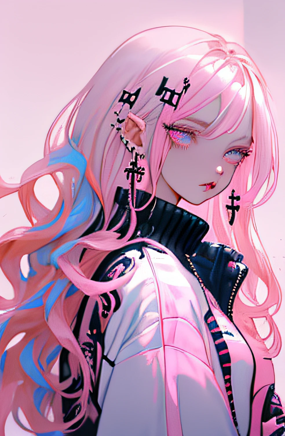 Niji Style, 1girl, solo, long hair, looking at viewer, blue eyeackground, white background, jewelry, closed mouth, jacket, upper body, pink hair, earrings, pink eyes, necklace, from side, sweater, lips, eyelashes, makeup, wavy hair, piercing, cross, lipstick, ear piercing, eyeshadow, hoop earrings, pink lips, multicolored eyes, pink theme, , pink eyeshadow,