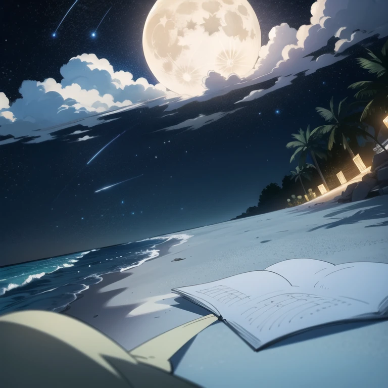 ((sketch)) Under the starry canopy of a moonlit beach. The full moon casts a soft, glow, highlighting in the darkness.