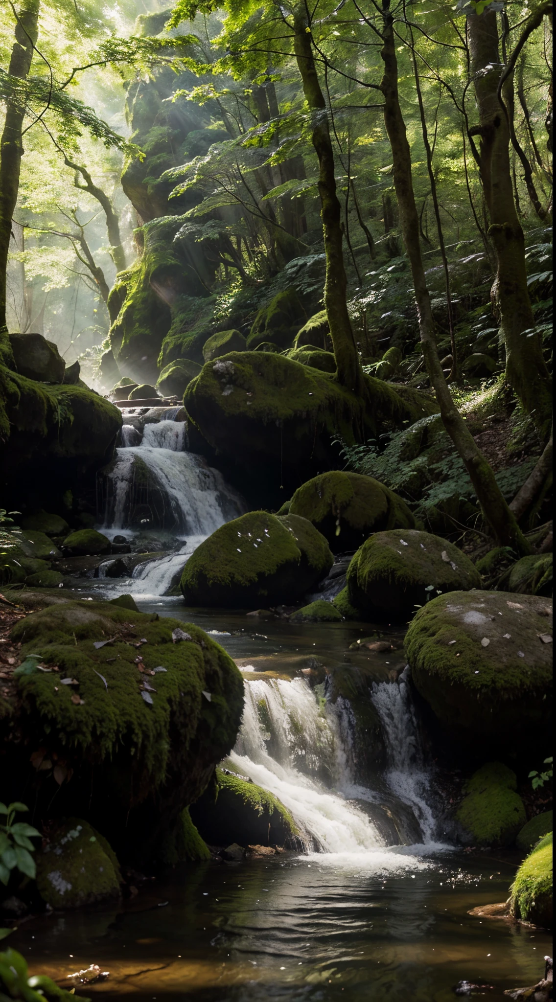 Describe this image in detail: The image features a lush, green forest with a stream running through it. The stream is surrounded by mossy rocks and  trees , creating a serene and peaceful atmosphere. The sun is shining down through the trees, illuminating the scene and creating a magical atmosphere. In the foreground, there is a small waterfall, adding to the natural beauty of the forest. The scene is filled with life and energy, with the sun shining through the forest and illuminating the mossy stones and trees.