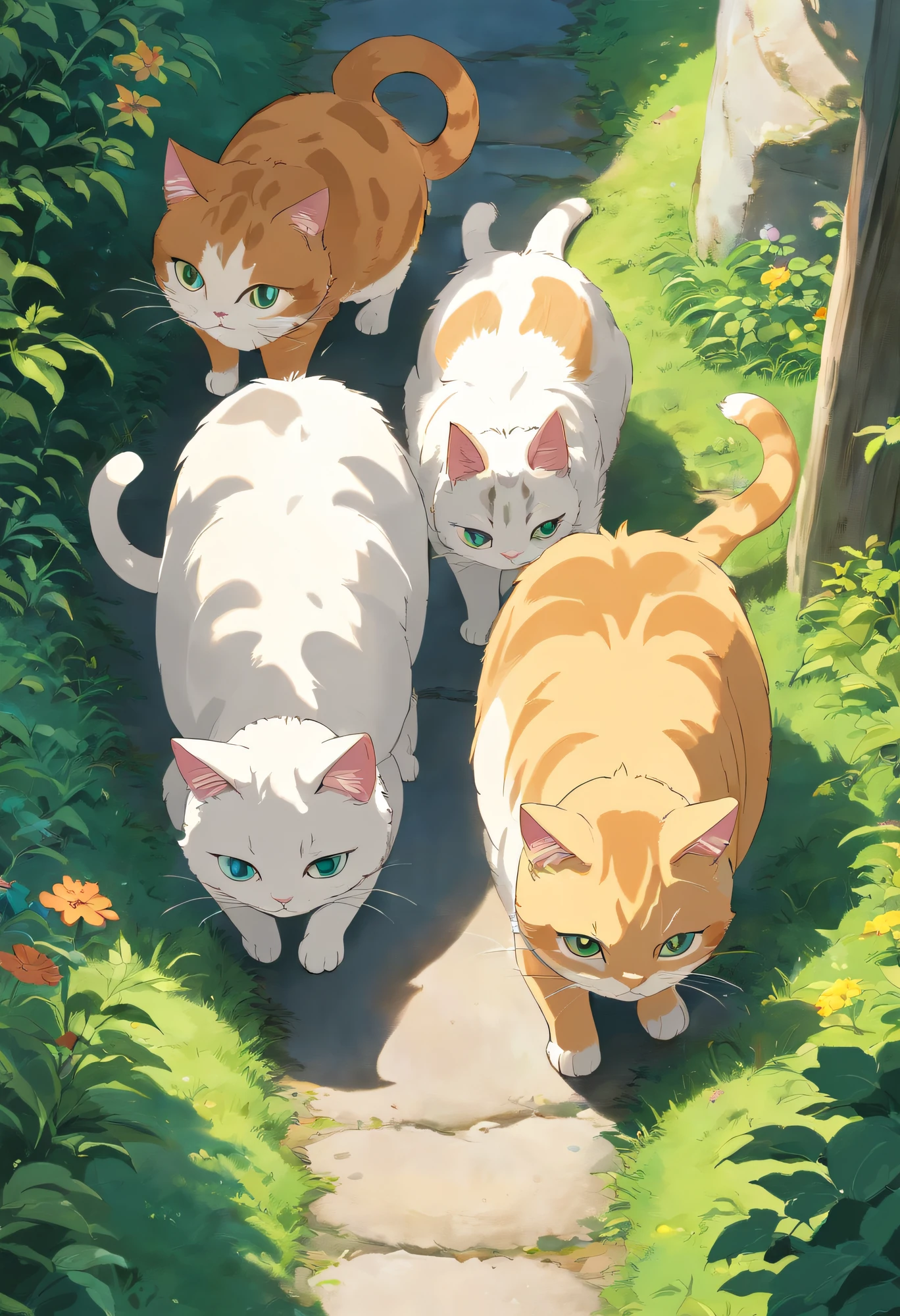 Three cats walking with their heads down. The camera shoots from above.