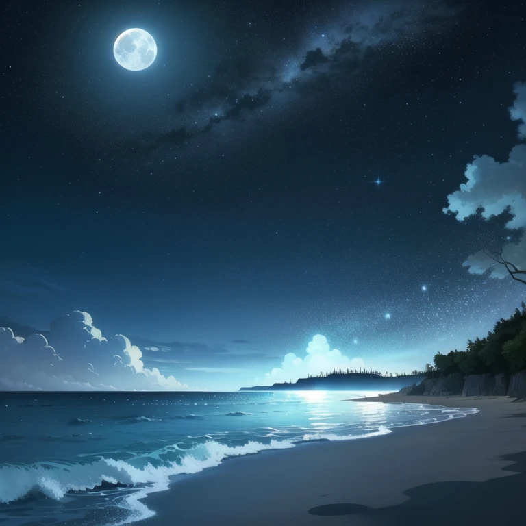 ((sketch)) ((Scenery)) Background. Under the starry canopy of a moonlit beach. The full moon casts a soft, glow, highlighting in the darkness.