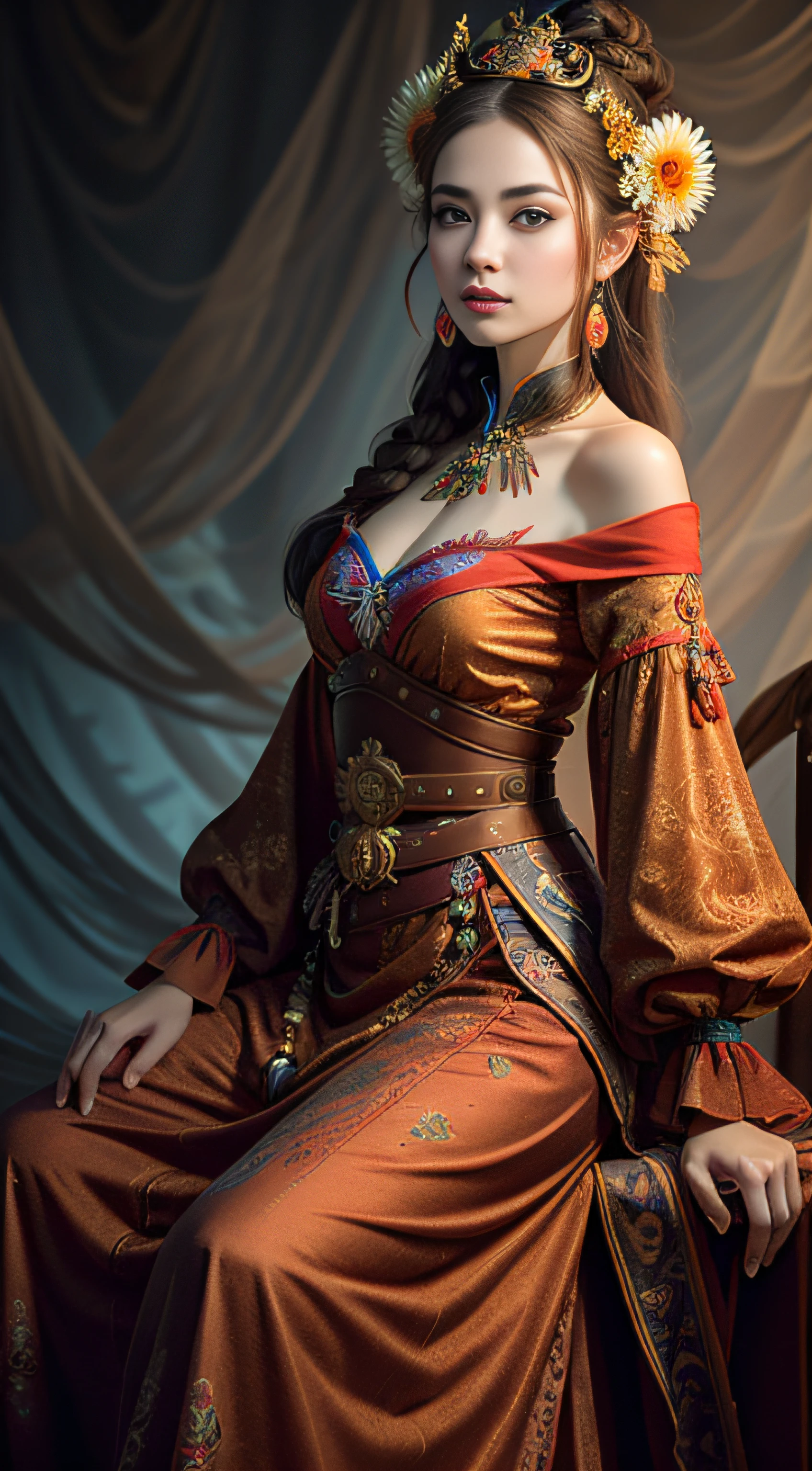 bestquality，master-piece，High resolution with high detail，（shrewd：1.4），raw photograph，，optical illusion，1girle，（Solo exhibitions：1.2），（cowboy lens：1.2），（Hair crown：1.2），Traditional costumes of Dunhuang, china，strapless，（red eyeliner：1.2），（Black eyes：1.4），earings，dynamic angle，entertainment，messy_long_hair，ink，cinematic light，Lane Lair，Velvet，chrysanthemum，tassels，ribbons，Colorful embroidery，upper half body，Facing the lens，Dynamic Poses，large，embroidered shoes