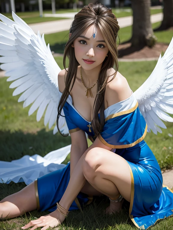 (masterpiece, best quality:1.4), (sitting at the grass:1.2), (full body:1.5), (dynamic pose:1), (small breast), (breast focus), big angel wings, 1girl, solo, (asian youth:1), (Belldandy, Belldandy_Blue_Dress), necklace, (goddess face symbols:0.8), looking at viewer, beautiful smile, beautiful face, highly detailed face, highly detailed eyes, highly detailed skin, skin pores, subsurface scattering, realistic pupils, full face blush, full lips, detailed background, depth of field, volumetric lighting, sharp focus, absurdres, realistic proportions, good anatomy, (realistic, hyperrealistic:1.4), 16k hdr,