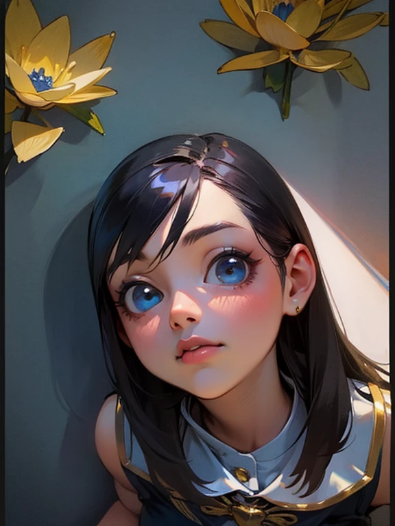 Portrait of a girl with long silver hair、Sleeveless, High collar white button front shirt、Navy cameo ribbon tie with gold trim、Dark blue cameo with golden border and white female silhouette.、Navy blue high waist flared miniskirt with bustier、lotus、drawers、The skin of white socks above the knee