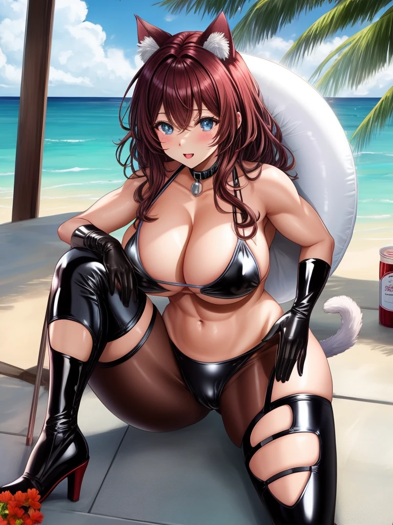 Very Muscular cat girl big tits in very thin latex bikini naked