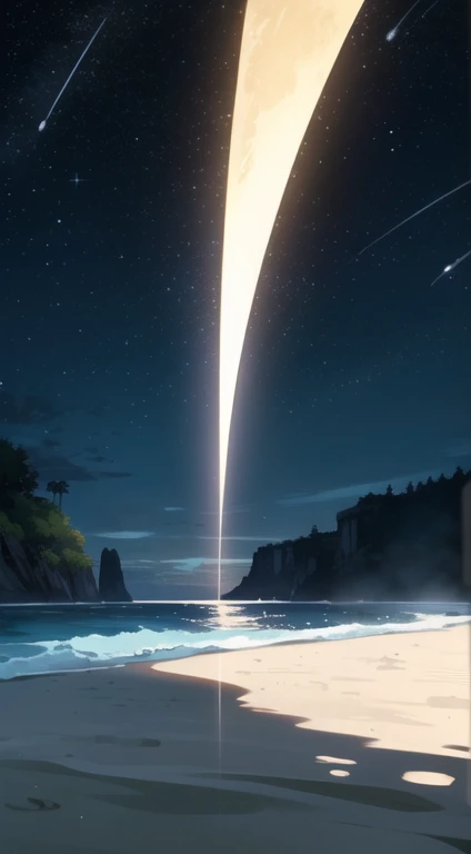 ((sketch)) ((Scenery)) Background. Under the starry canopy of a moonlit beach. The full moon casts a soft, glow, highlighting in the darkness.